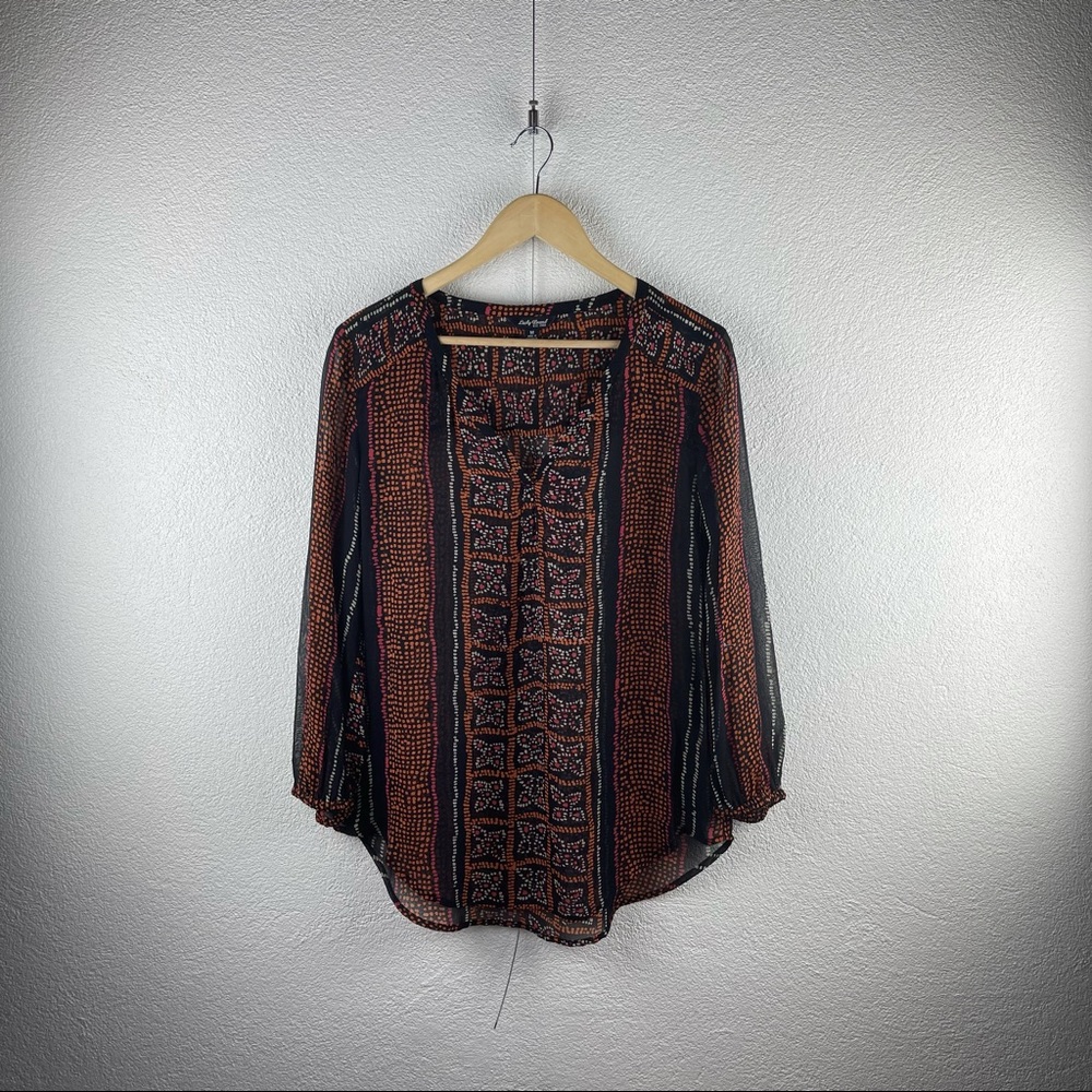 Lucky Brand l M Rayon Sheer Abstract Tribal Bohemian V-Neck Long Sleeve Blouse